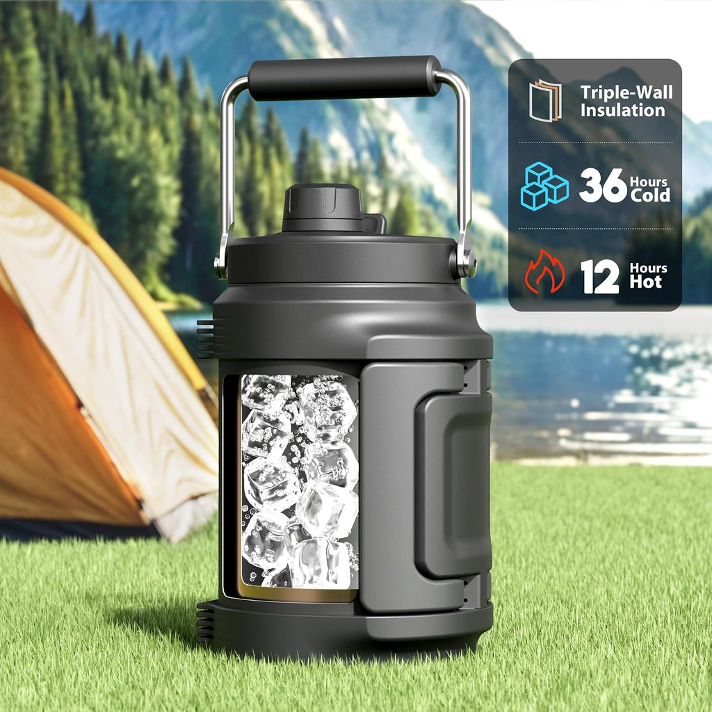 64 oz Insulated Water Bottle for Gym: Meoky Triple Wall Vacuum Stainless Steel Half Gallon Water Jug - Top and Side