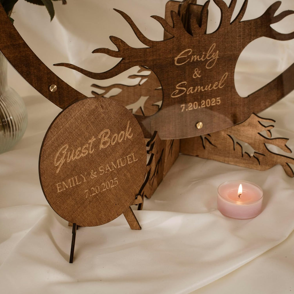 Personalized Wedding Guest Book Alternative - Wooden Tree of Life with Signature Leaves - Custom Name & Date