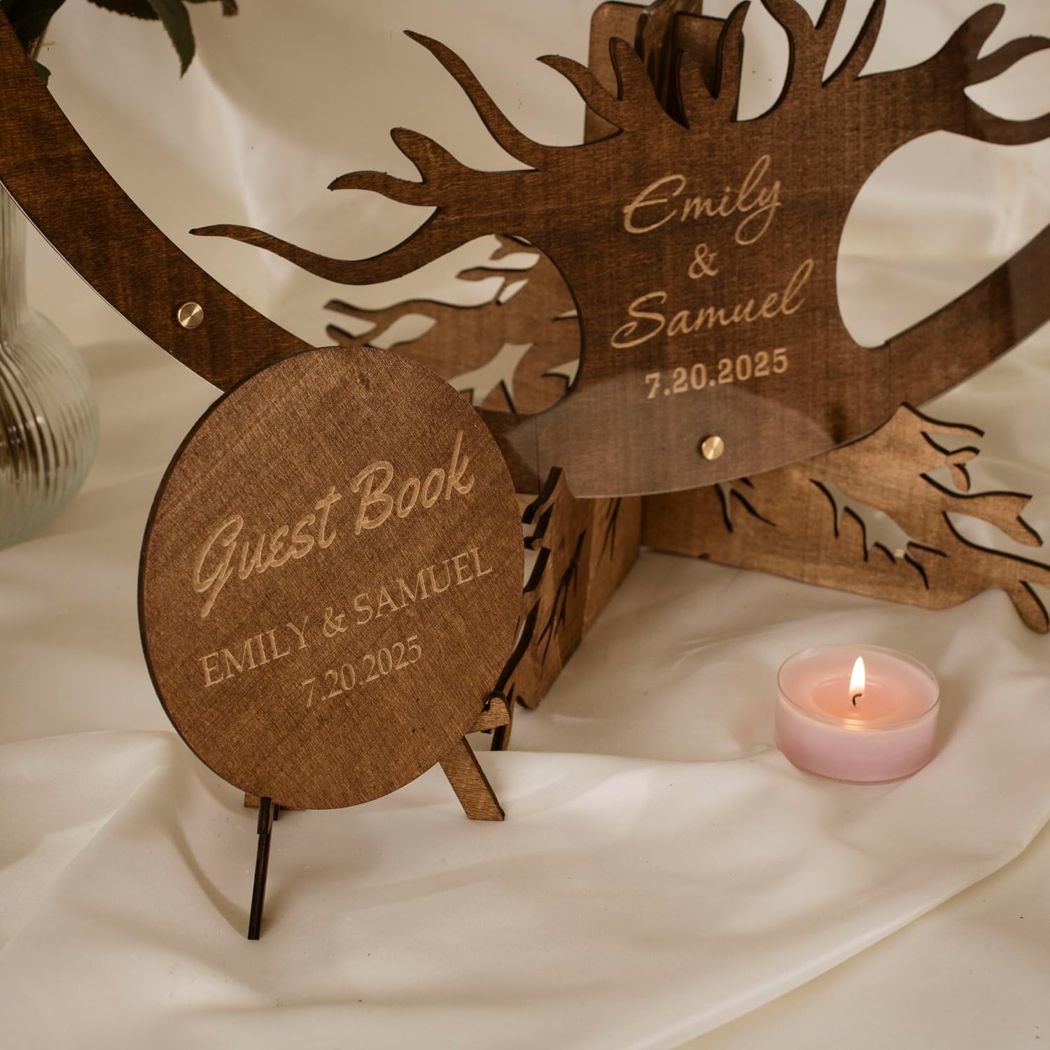 Personalized Wedding Guest Book Alternative - Wooden Tree of Life with Signature Leaves - Custom Name & Date
