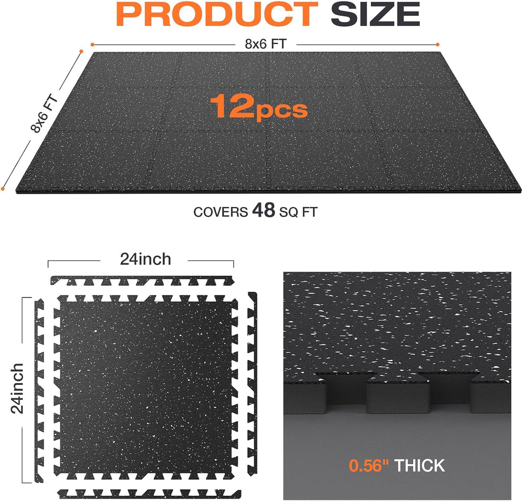 0.56'' Thick 12 Pcs 48 Sq Ft Non-Slip Rubber Top Exercise Equipment Mats, High Density EVA Foam Mats with Rubber Top