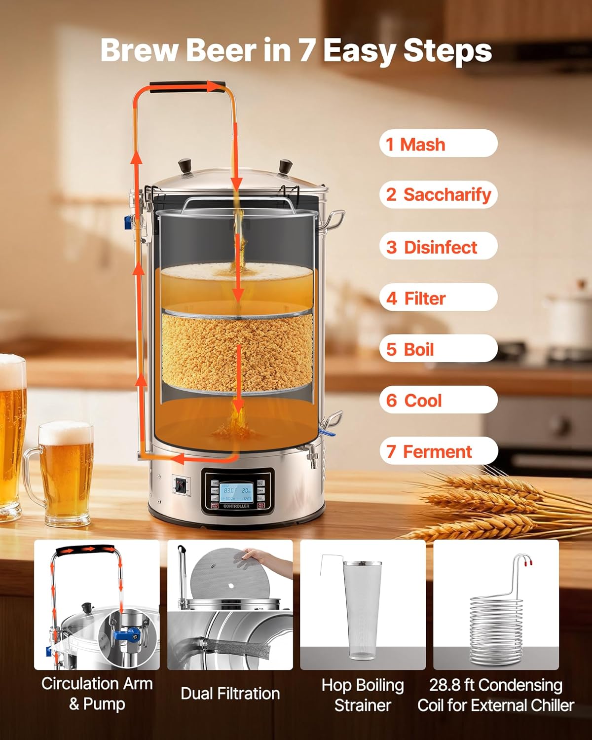 Beer Brewing Equipment, 16 Gal/60L Beer Maker with Anti-Burn Pump and Wort Chiller,3000W All-in-One Home Brewing Kit