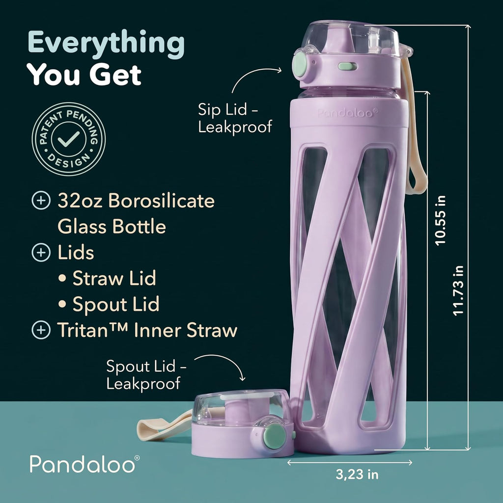 Orbit 32 oz Glass Water Bottle with 2 Leak-Proof Lids (Straw & Spout), Wide Mouth, Borosilicate Glass, BPA-Free, Cup
