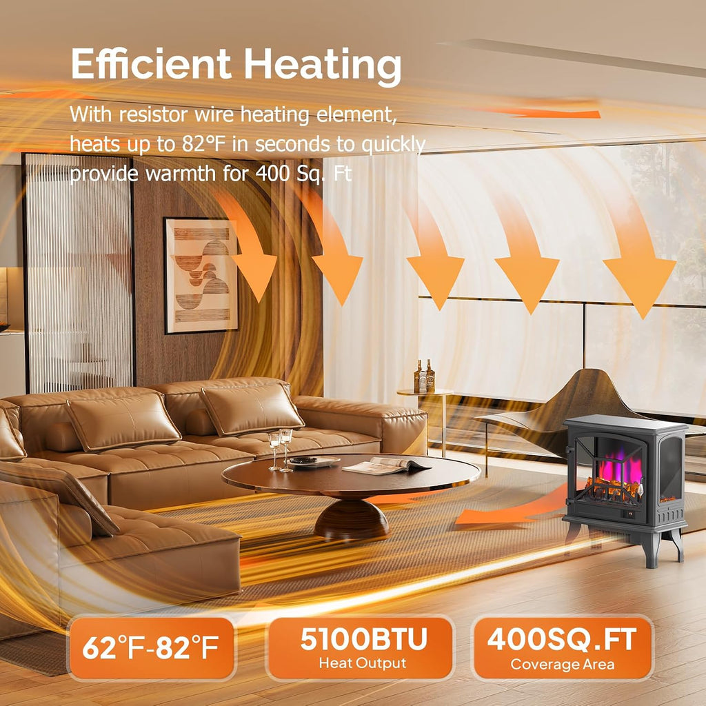Electric Fireplace Stove, 23''H Freestanding Heater with Realistic Flame Effect, APP & Remote Control, Timer