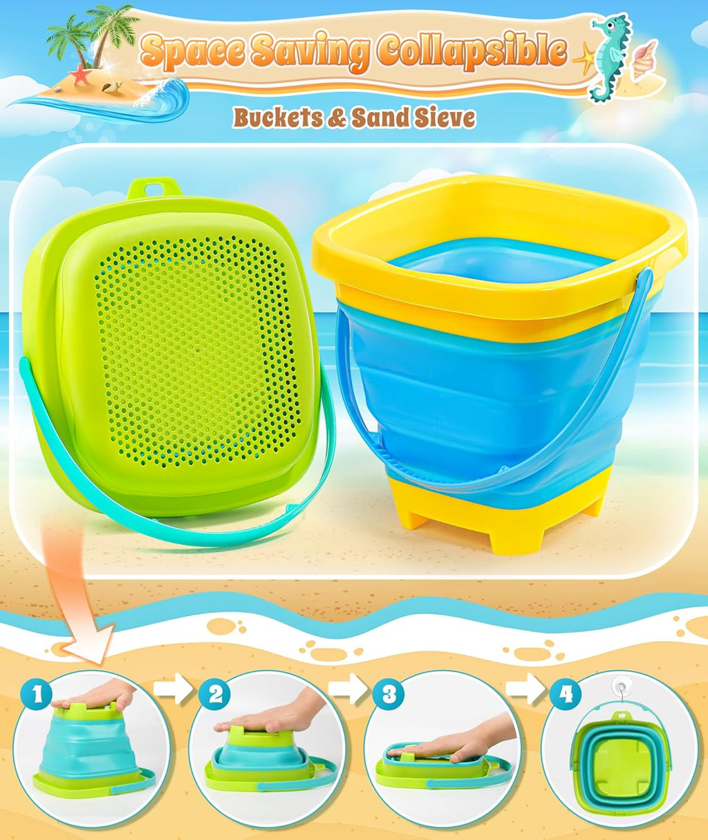Collapsible Beach Sand Toys for Kids Toddlers, Collapsible Sand Bucket | Sand Sifter Shovels Set with Mesh Bag and