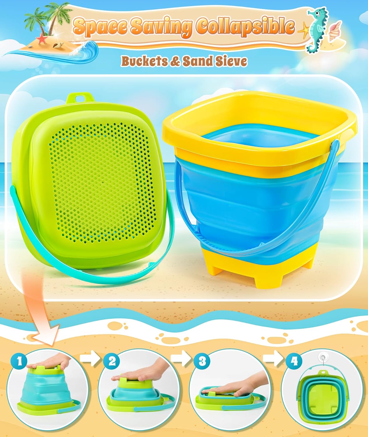 Collapsible Beach Sand Toys for Kids Toddlers, Collapsible Sand Bucket | Sand Sifter Shovels Set with Mesh Bag and
