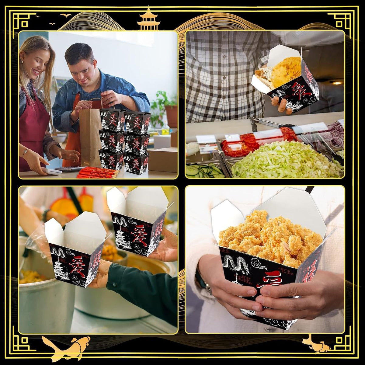 25 Sets Black Chinese Take Out Food Boxes with Chopsticks