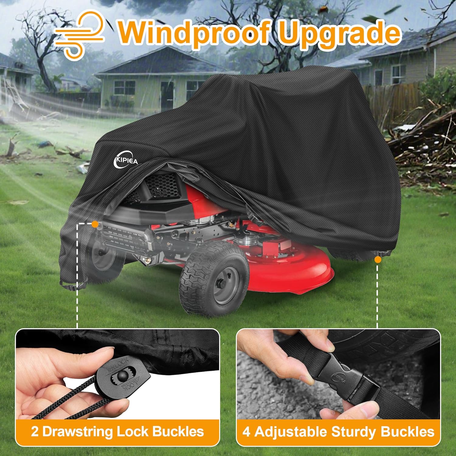 Riding Lawn Mower Cover 600D Heavy Duty Lawn Tractor Cover Waterproof, Universal Fit with 4 Buckles, 2 Drawstrings