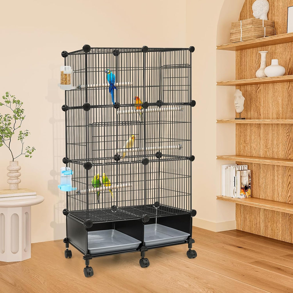 Upgraded Encrypted Metal 46-Inch Bird Cage for Parrot Parakeets | Parakeet Cage with Wooden Perches, Slide-Out Tray