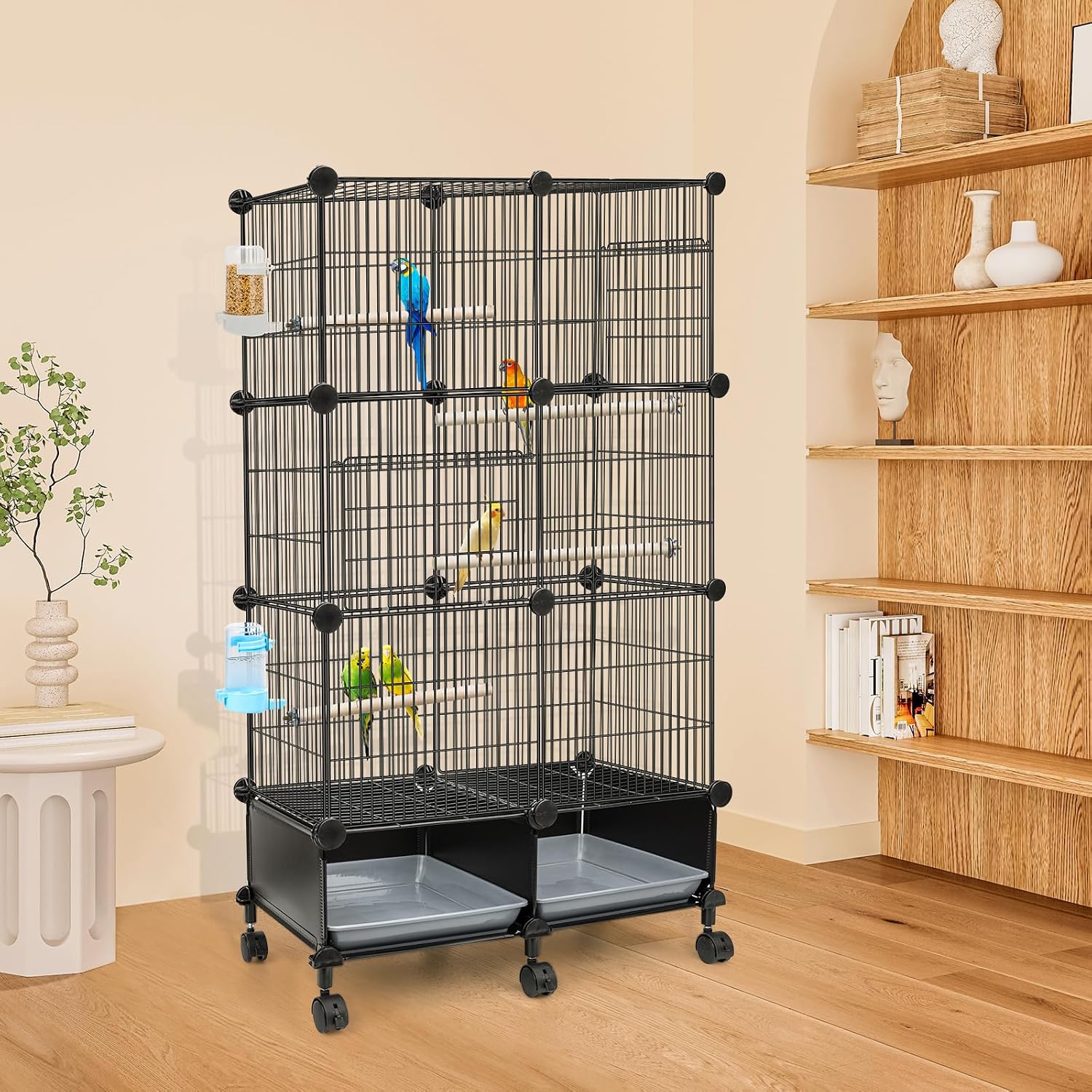 Upgraded Encrypted Metal 46-Inch Bird Cage for Parrot Parakeets | Parakeet Cage with Wooden Perches, Slide-Out Tray