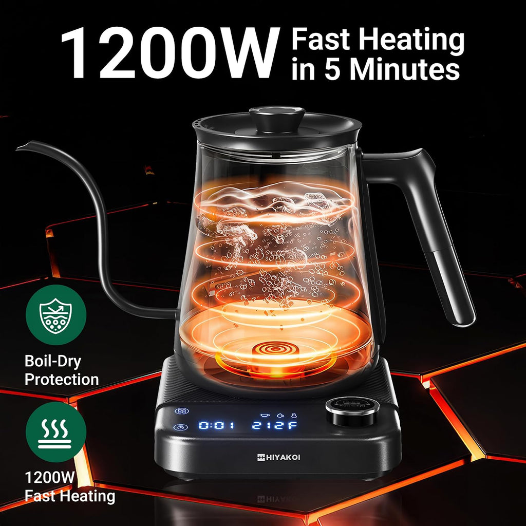 Gooseneck Electric Kettle HIYAKOI with ±1℉ Temperature Control, Pour Over Kettle for Coffee & Tea, 1200W Rapid