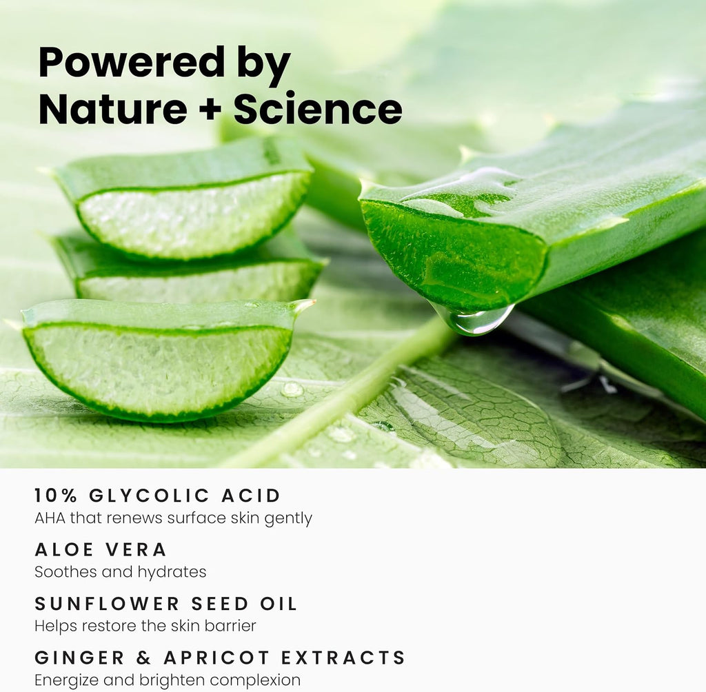 Glycolic Acid Face Wash & Cleanser, 10% AHA | 10% Glycolic Acid with Aloe Vera & Sunflower Oil, Gently Exfoliates &
