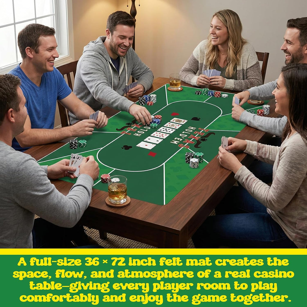 Casino Night 4-in-1 Complete Game Set with 2 Double-Sided Felt Layout Mats (36"x72"), 10" Roulette Wheel, 200 Chips