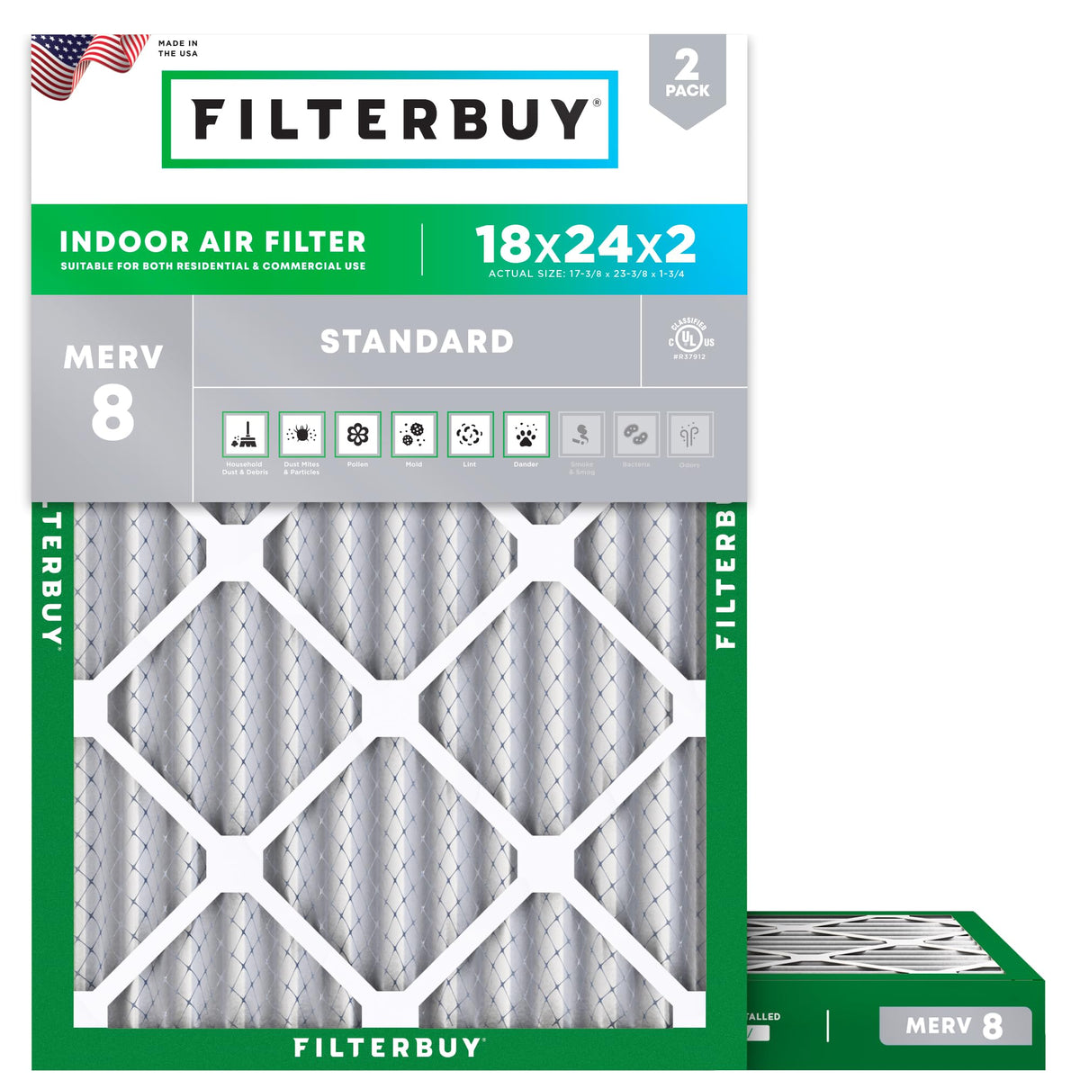 18x24x2 Air Filter MERV 8 Dust & Allergy Defense (2-Pack)