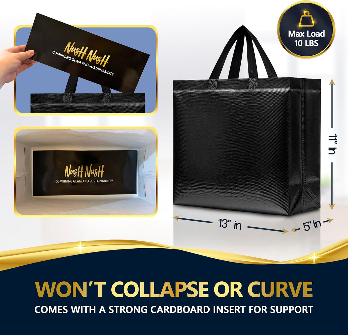 Bulk Set of 60 Reusable Large Black Gift Bags with Handles
