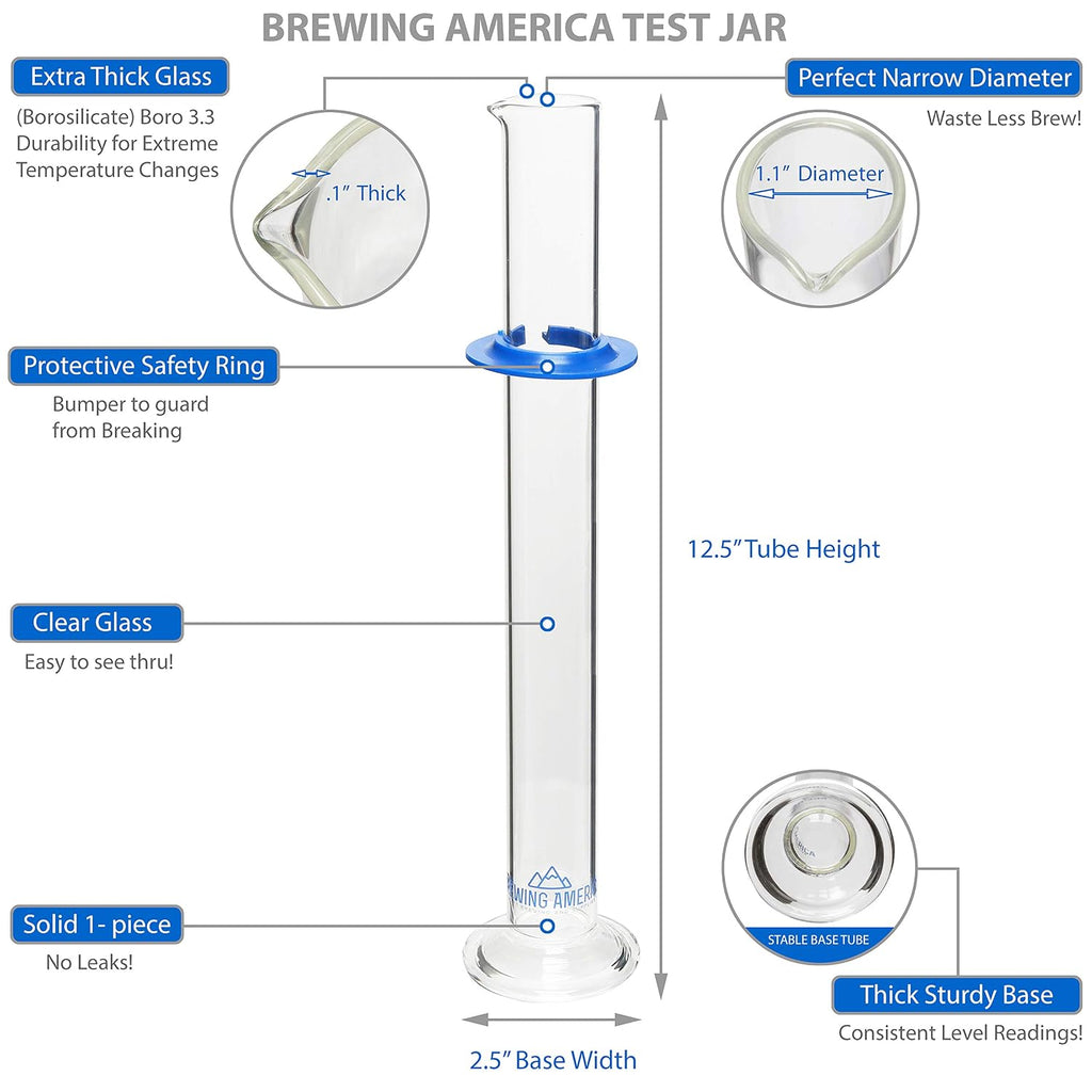 Glass Hydrometer Test Tube Jar & Cylinder Brush - Narrow Flask for Alcohol by Volume Test - Moonshine, Homebrew Beer