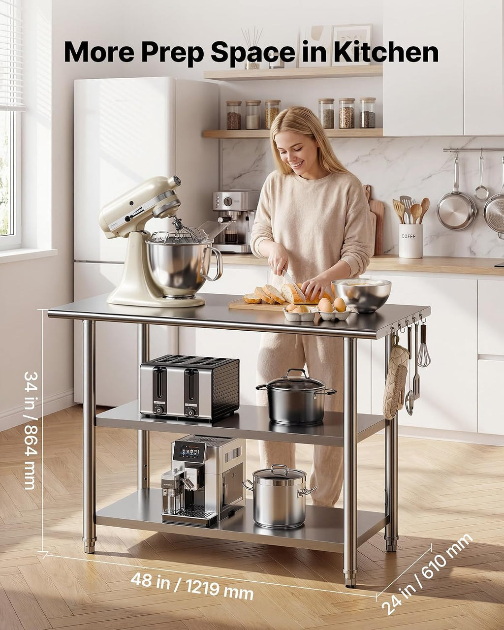 Stainless Steel Work Table, 24x48 Inch Food Prep Table with 2 Shelves, Commercial Kitchen Workstation, Metal Heavy