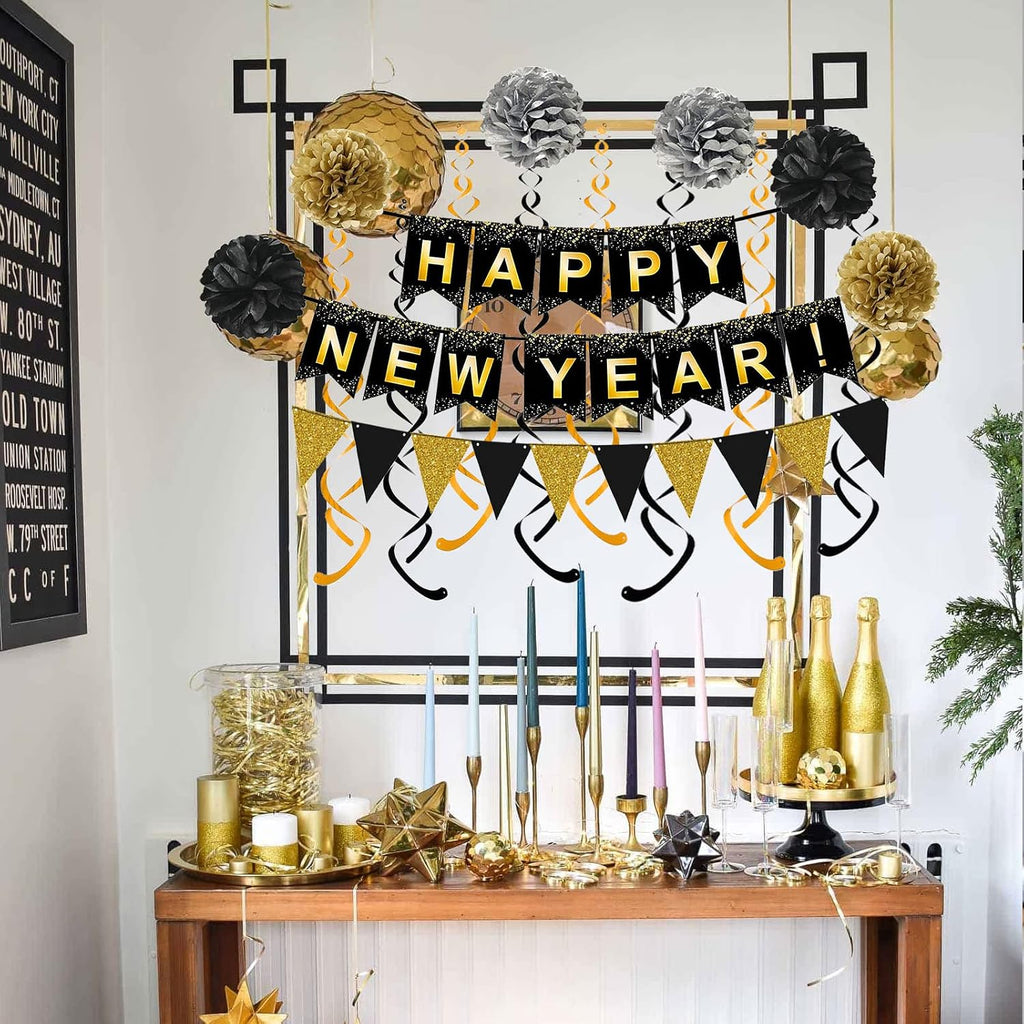 Happy New Year Set Black Banner with Gold Black Paper Flag Bunting Swirl Streamers & Pom Poms for Happy New Year