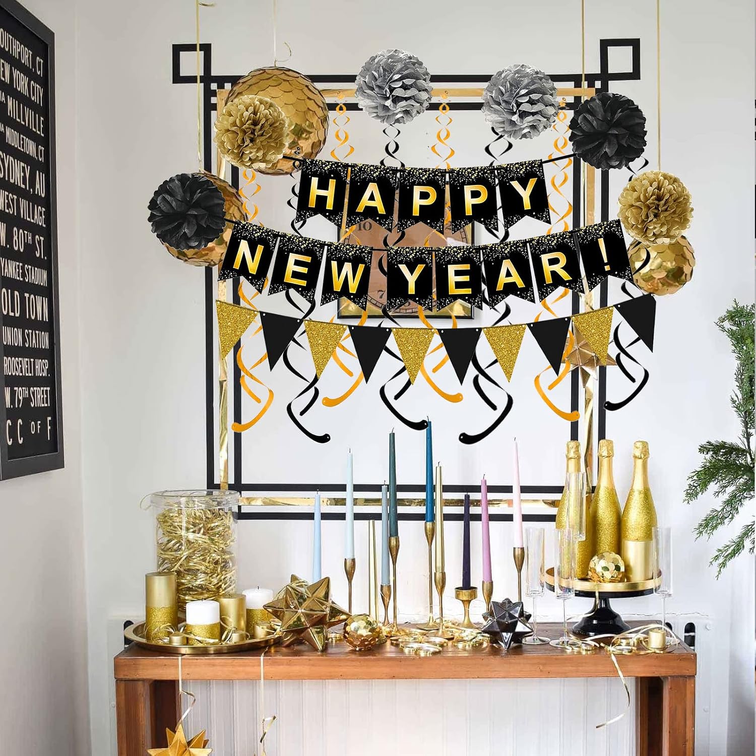 Happy New Year Set Black Banner with Gold Black Paper Flag Bunting Swirl Streamers & Pom Poms for Happy New Year
