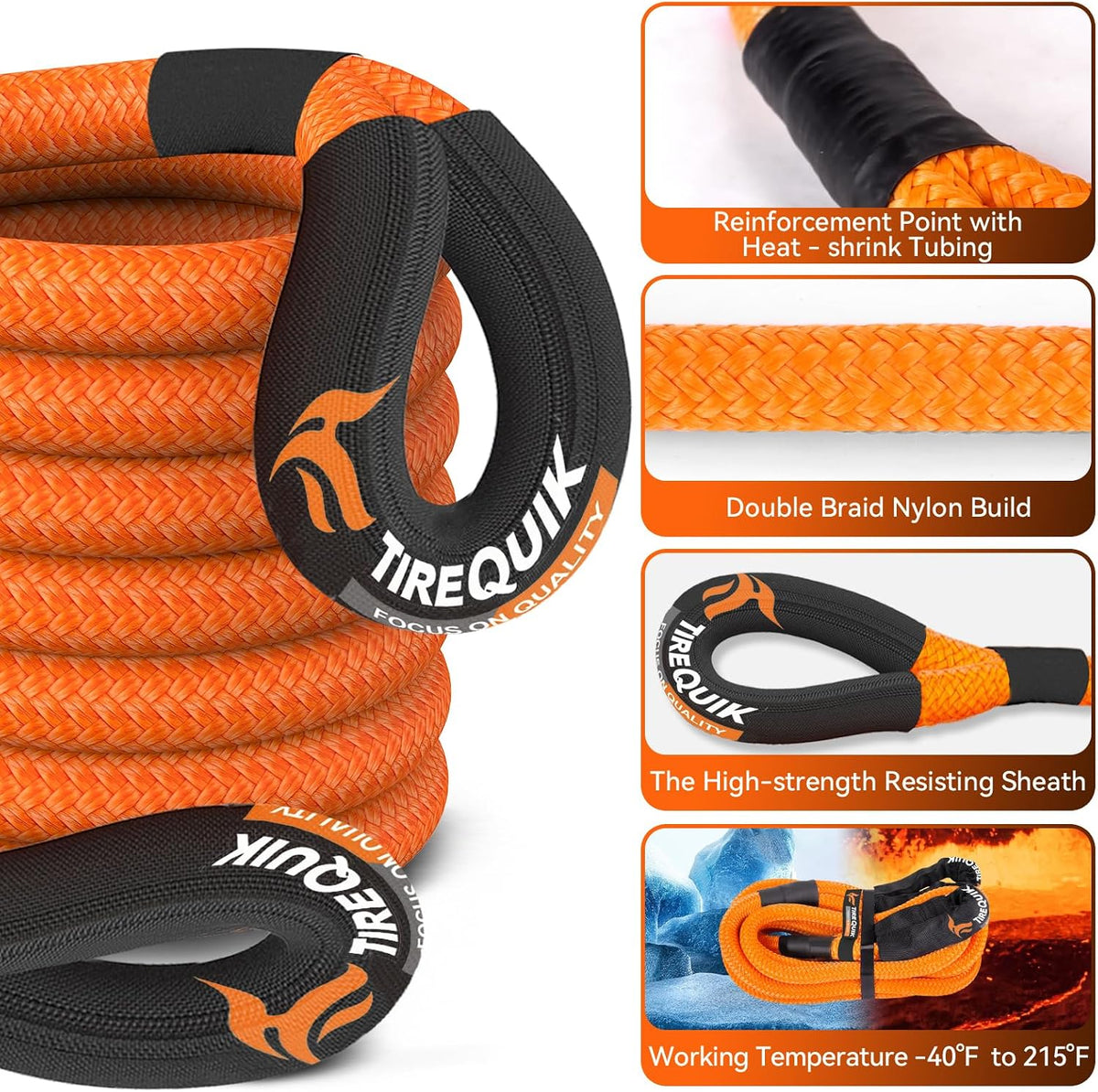 Kinetic Recovery Rope 1" x 30ft 48500lbs, Tow Strap with 2 Soft Shackles