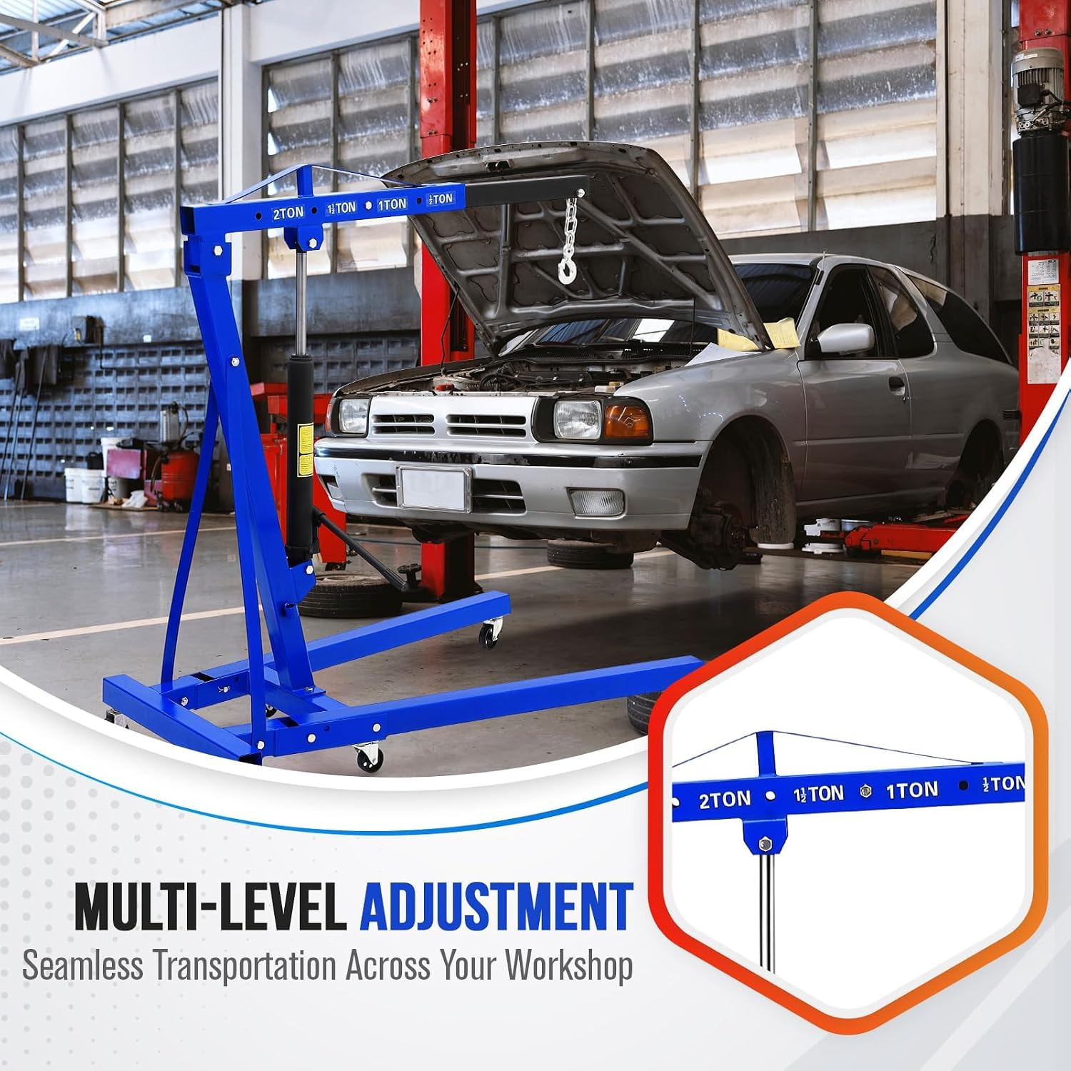 2-Ton Folding Engine Hoist with Leveler, 4400 Lbs Capacity