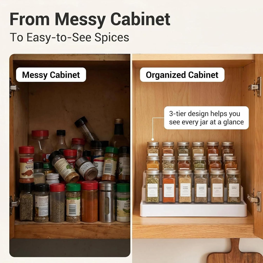3 Tier Spice Rack Organizer for Cabinet, 3 Pack Non-Slip Spice Rack Shelf Organizer, Holds 24+ Jars, Plastic Spice