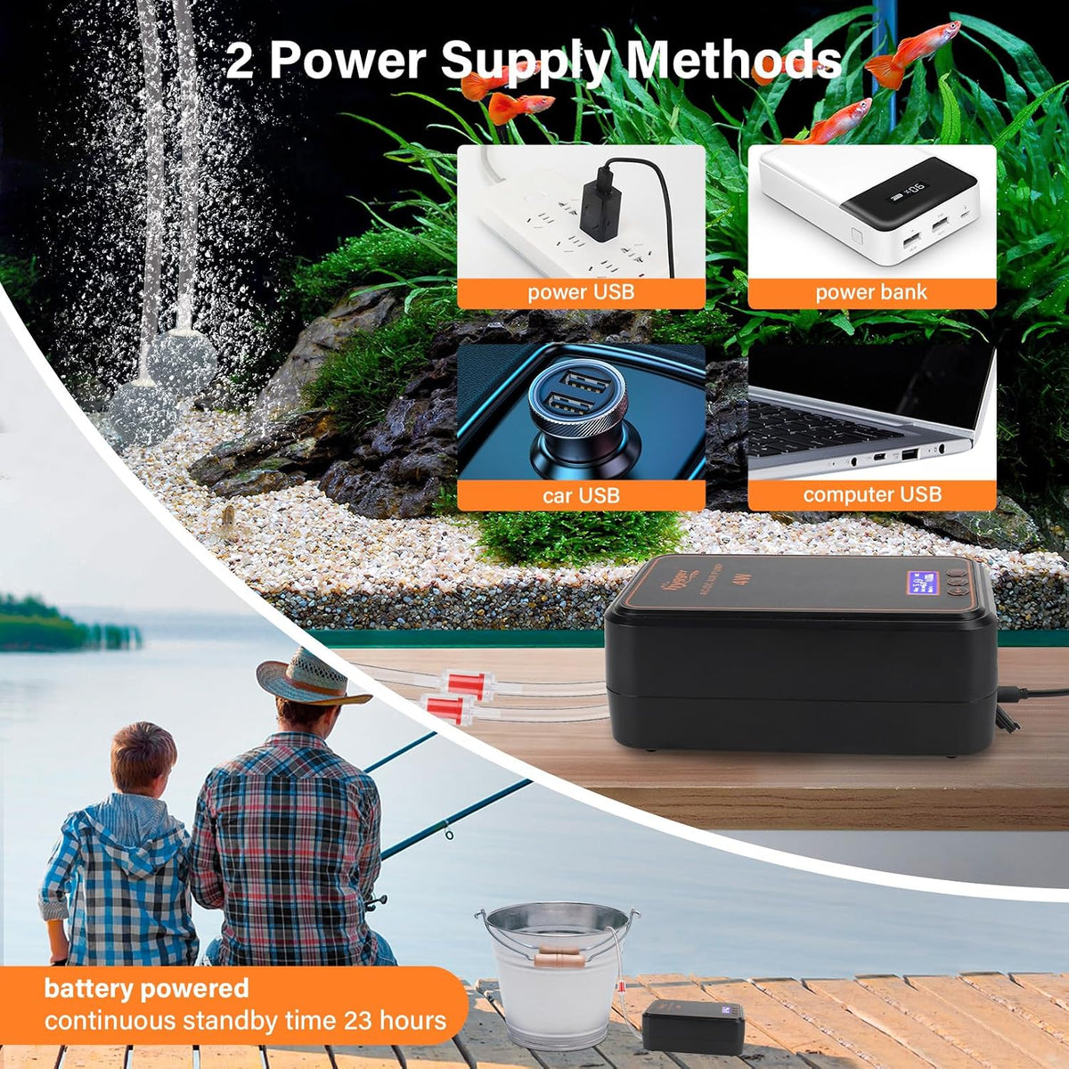 Aquarium Air Pump, Rechargeable Portable Oxygen Pump with Single/Dual Outlets, Ultra Quiet Battery Powered Air