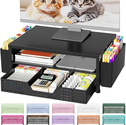 Desk Organizers and Accessories, Computer Monitor Stand Riser with Drawer and 2 Pen Holders, Printer & Laptop Stand