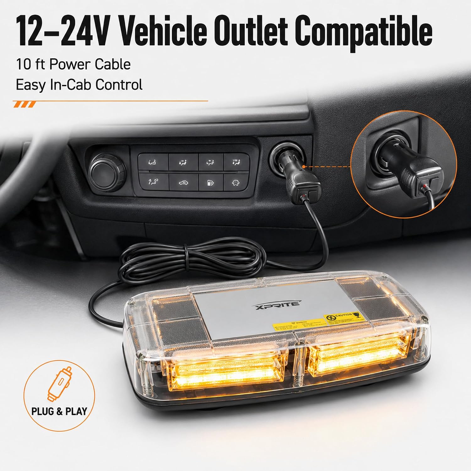 Amber COB LED Rooftop Strobe Beacon Light, 12V Magnetic Base Caution Lightbar with 19 Flash Patterns for Construction