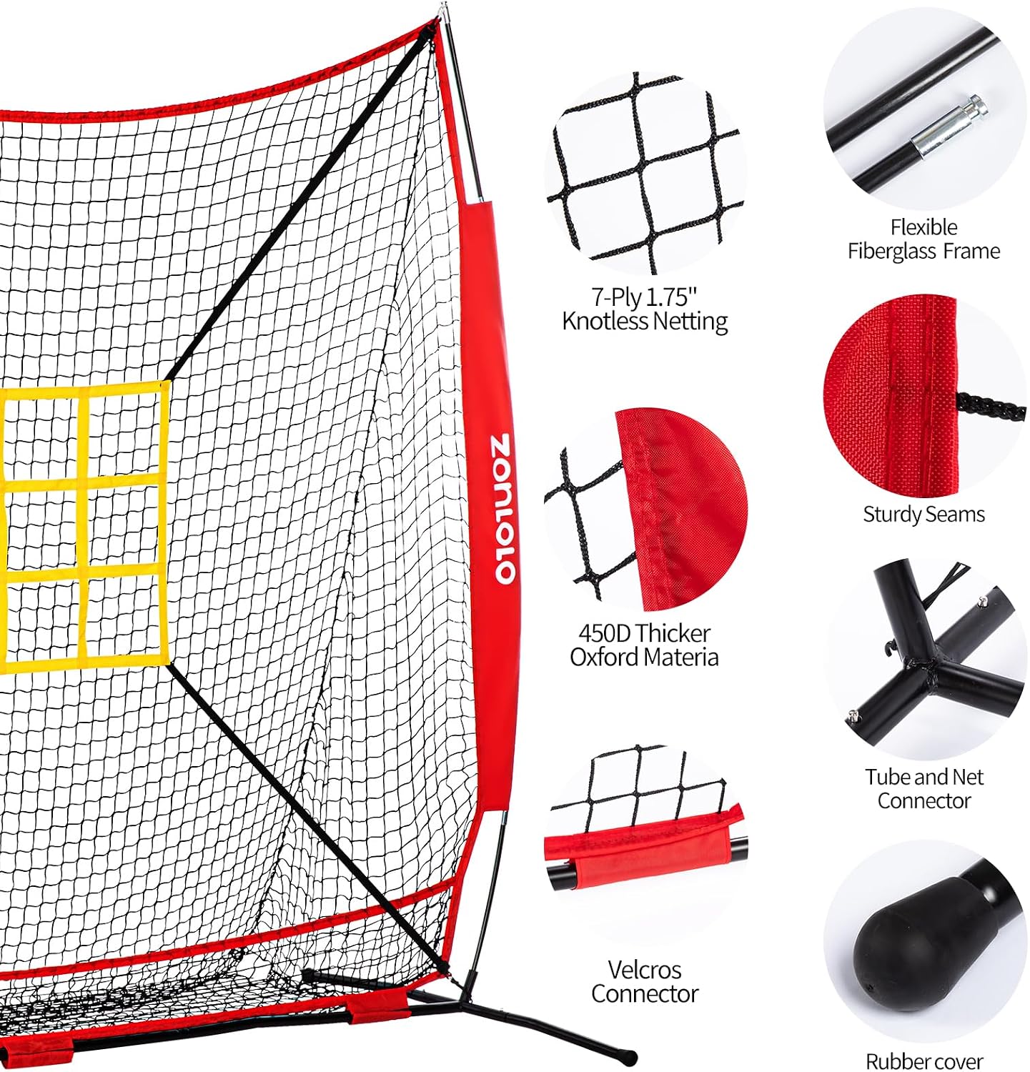 7x7 ft Baseball Net, Pitching & Batting Net with Batting Tee, Designed with Large Ball Collection System, 2 Strike
