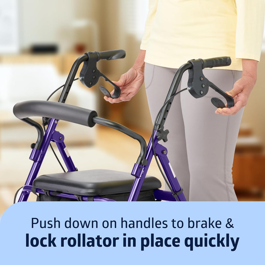 Aluminum Rollator Walker with Seat, Purple, 250 lb. Weight Capacity, Lightweight, 6” Wheels, Foldable, Adjustable