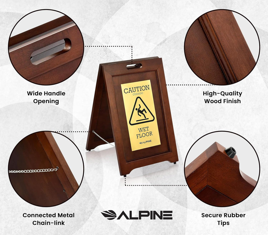 Wooden Caution Wet Floor Sign Slippery A-Frame with Bold Bilingual Safety Message, High-Grade Wood Finish