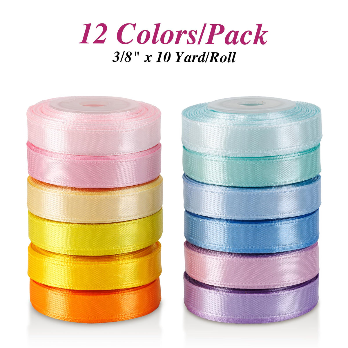 Pastel Ribbon Pack, 12 Colors 3/8 Inch x 10 Yards/Roll