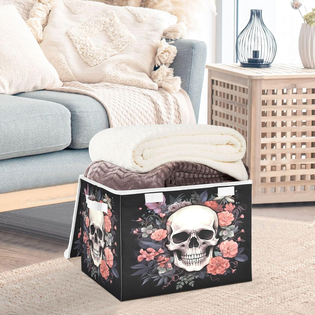 Skull Storage Bins with Lids and Carrying Handle,Foldable Storage Boxes Organizer Containers Baskets Cube with Cover