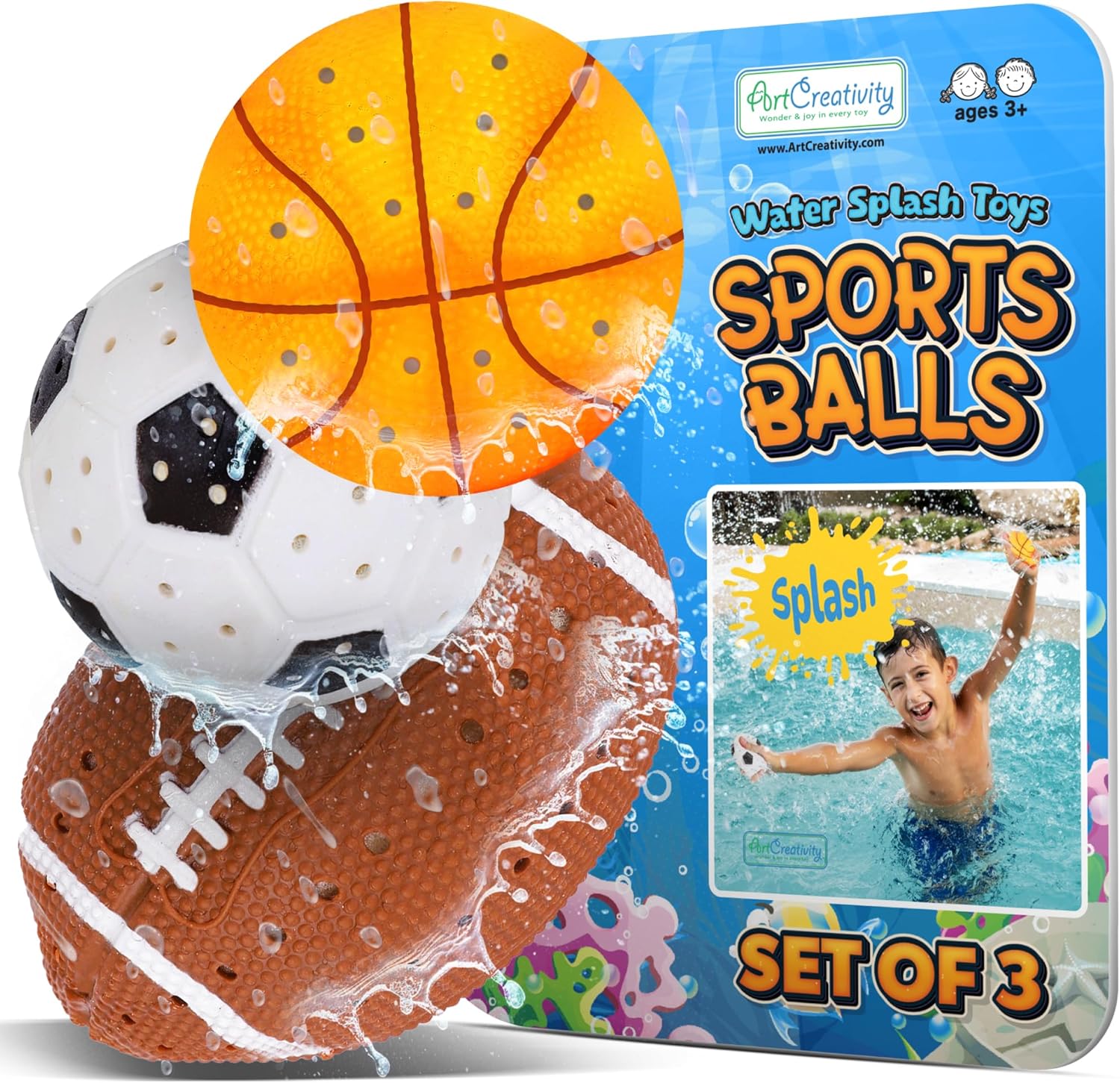 Sports Balls Water Splash Toys - Set of 3 - Spongy Bath Toys for Kids - 3 Different Athletic Ball Designs Include