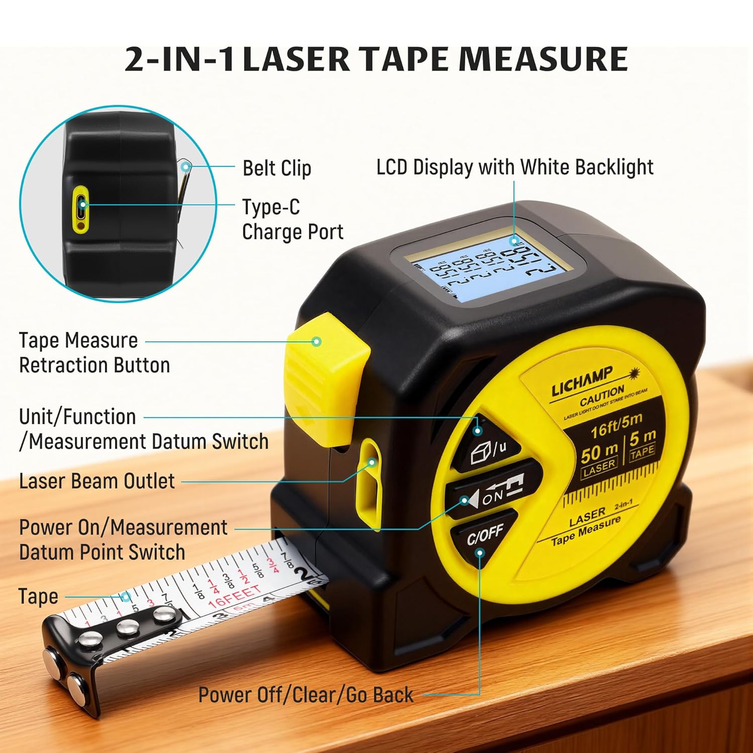 Laser Tape Measure, 164ft Class II Laser Distance Meter (0.49mW Red Laser) and 16ft Manual Tape Measure