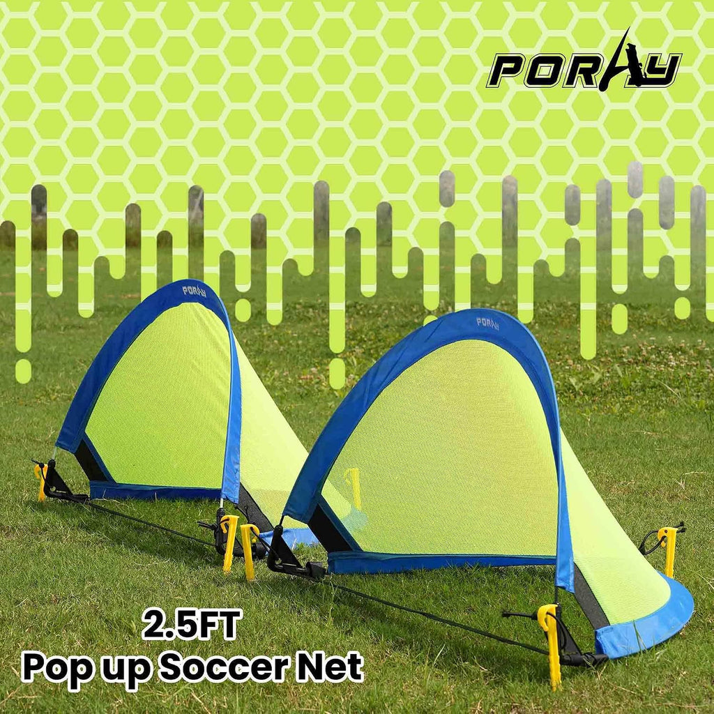 Poray Soccer Goal for Kid Easy-up Set of Two Portable Soccer Net 210D Oxford with 8 Field Marker Cones Extra Stakes