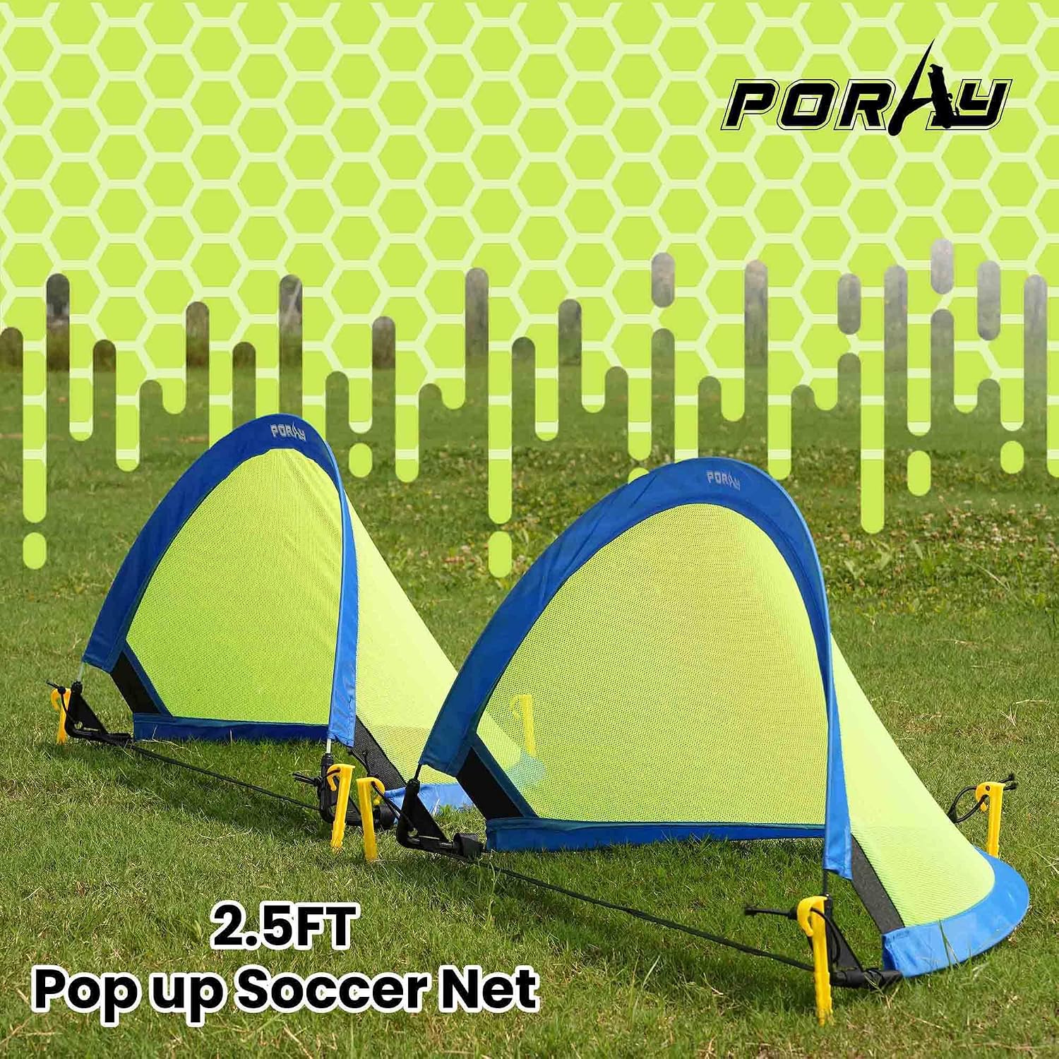 Poray Soccer Goal for Kid Easy-up Set of Two Portable Soccer Net 210D Oxford with 8 Field Marker Cones Extra Stakes