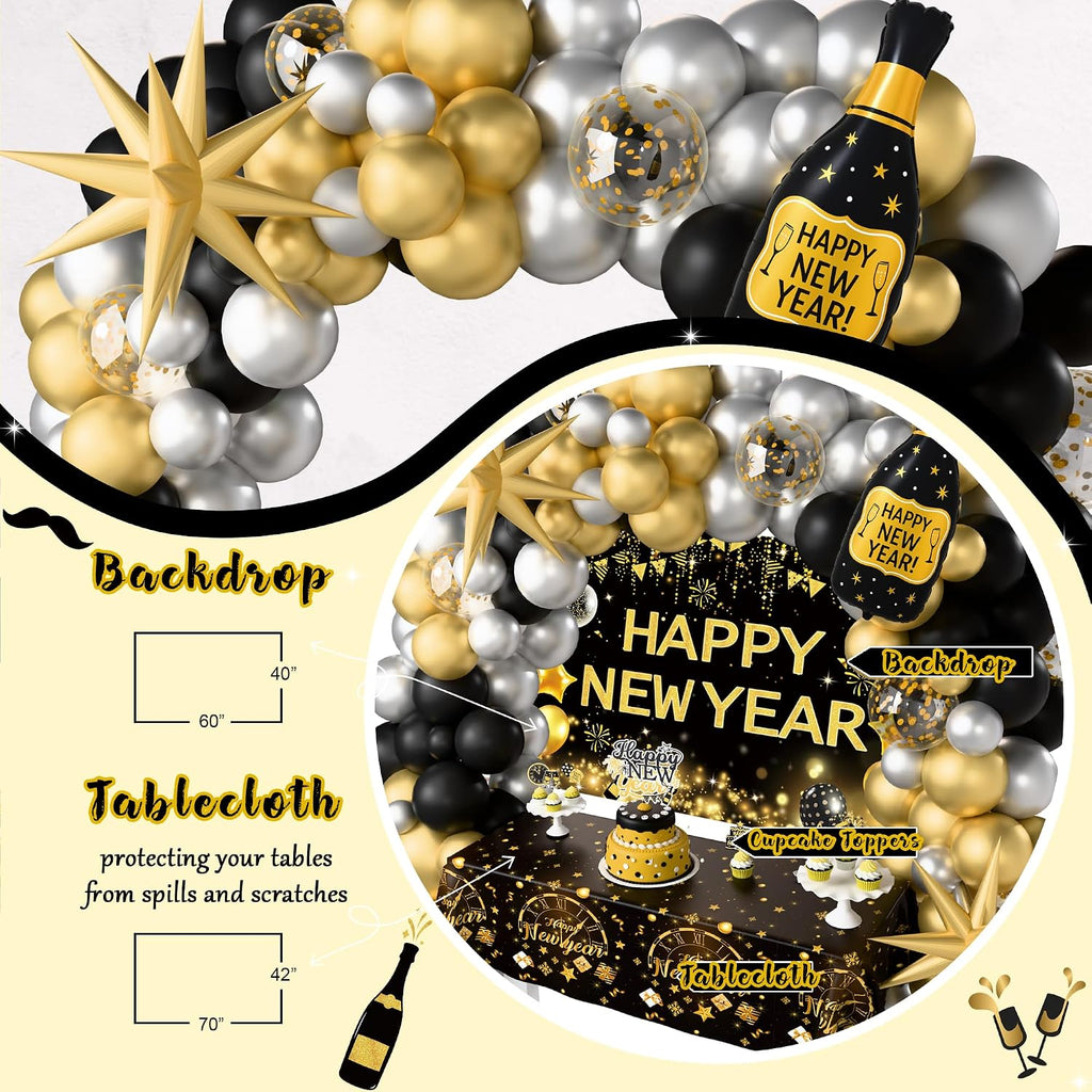 New Year Party Decorations 2026, Happy New Year's Eve Party Supplies Kit, 2026 Gold Black New Year Party Decor with