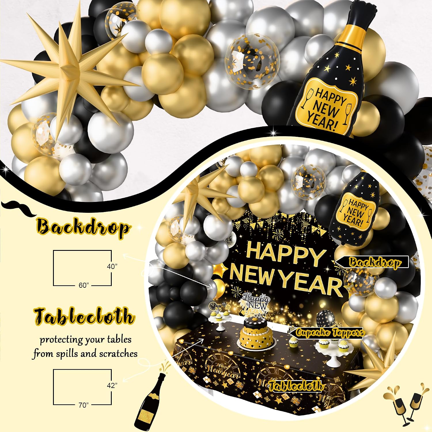 New Year Party Decorations 2026, Happy New Year's Eve Party Supplies Kit, 2026 Gold Black New Year Party Decor with