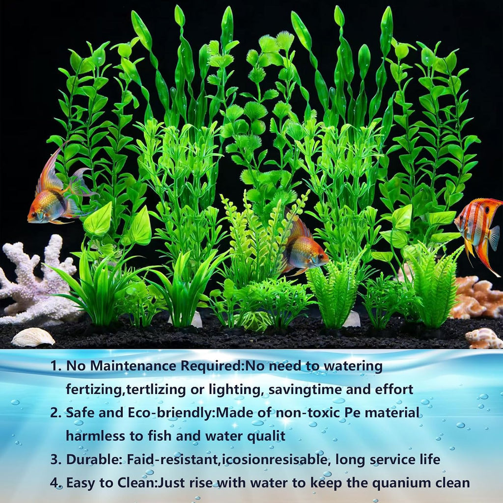Artificial Aquarium Plants Set, Plastic Fish Tank Decorations, Fish Tank Decor for Betta Goldfish (18pcs-Green)
