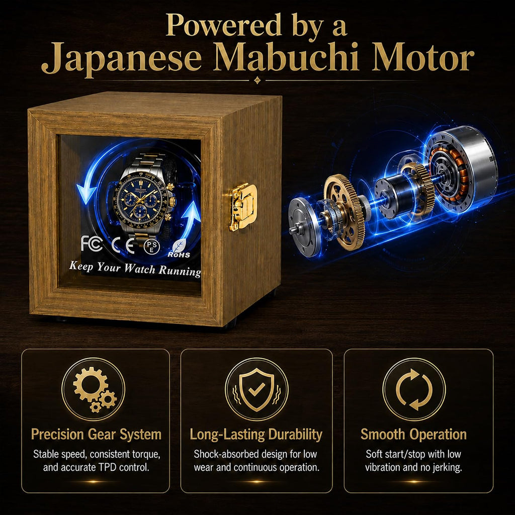 Watch Winder for Automatic Watches, Walnut Single Winding Watch Box with Blue LED & Japanese Quiet Motor for Rolex