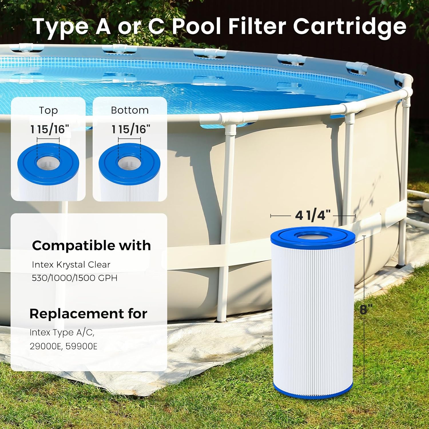 4 Pack Type A or C Pool Filter Cartridge Replacement for Intex 29000E/59900E & 1000/1500/530 GPH Filter Pump, Fits