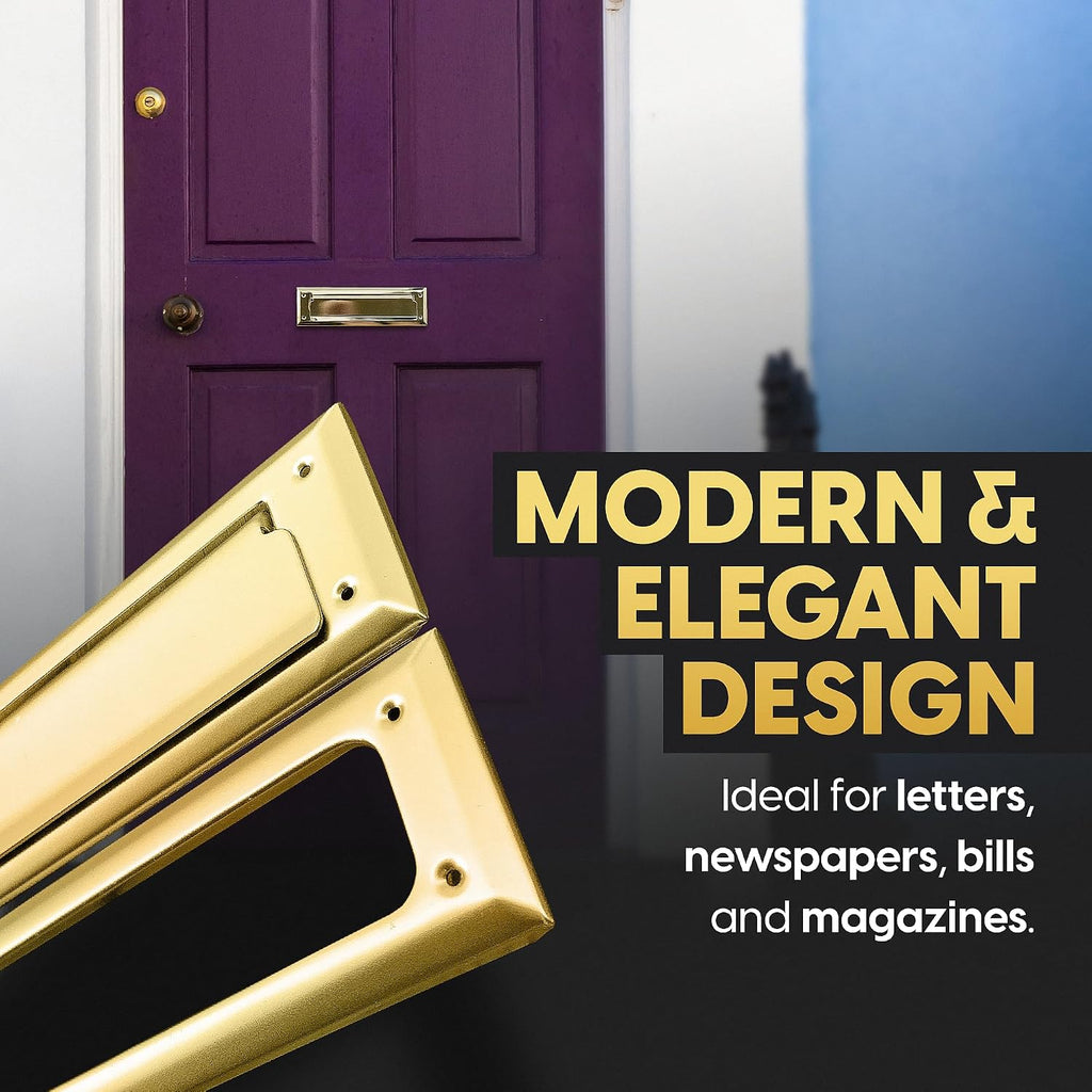 Solid Steel Gold Color | Mail Slot Fits to Most Doors | Outer Size 10 Inches by 3 inches | Set with Front and Rear
