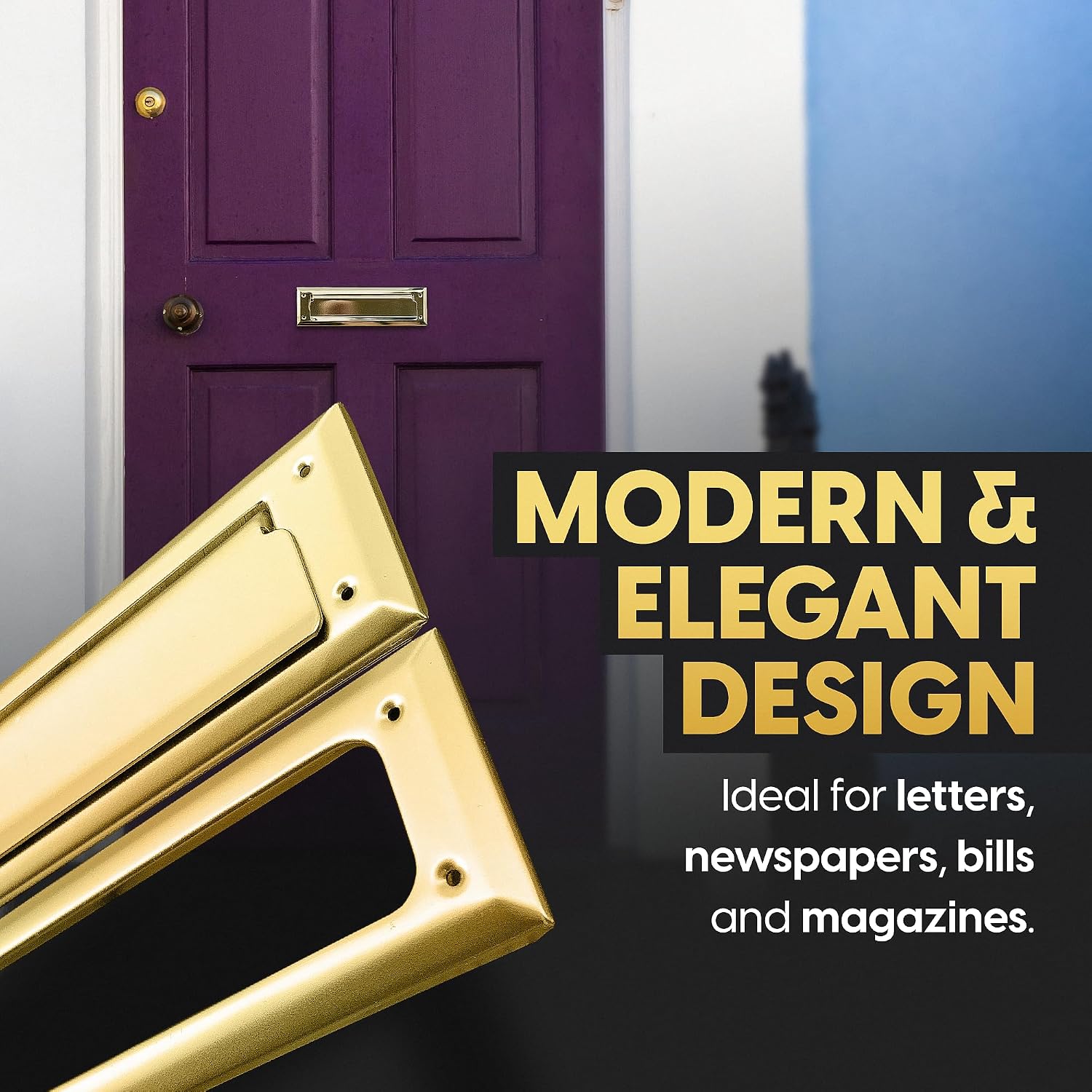 Solid Steel Gold Color | Mail Slot Fits to Most Doors | Outer Size 10 Inches by 3 inches | Set with Front and Rear