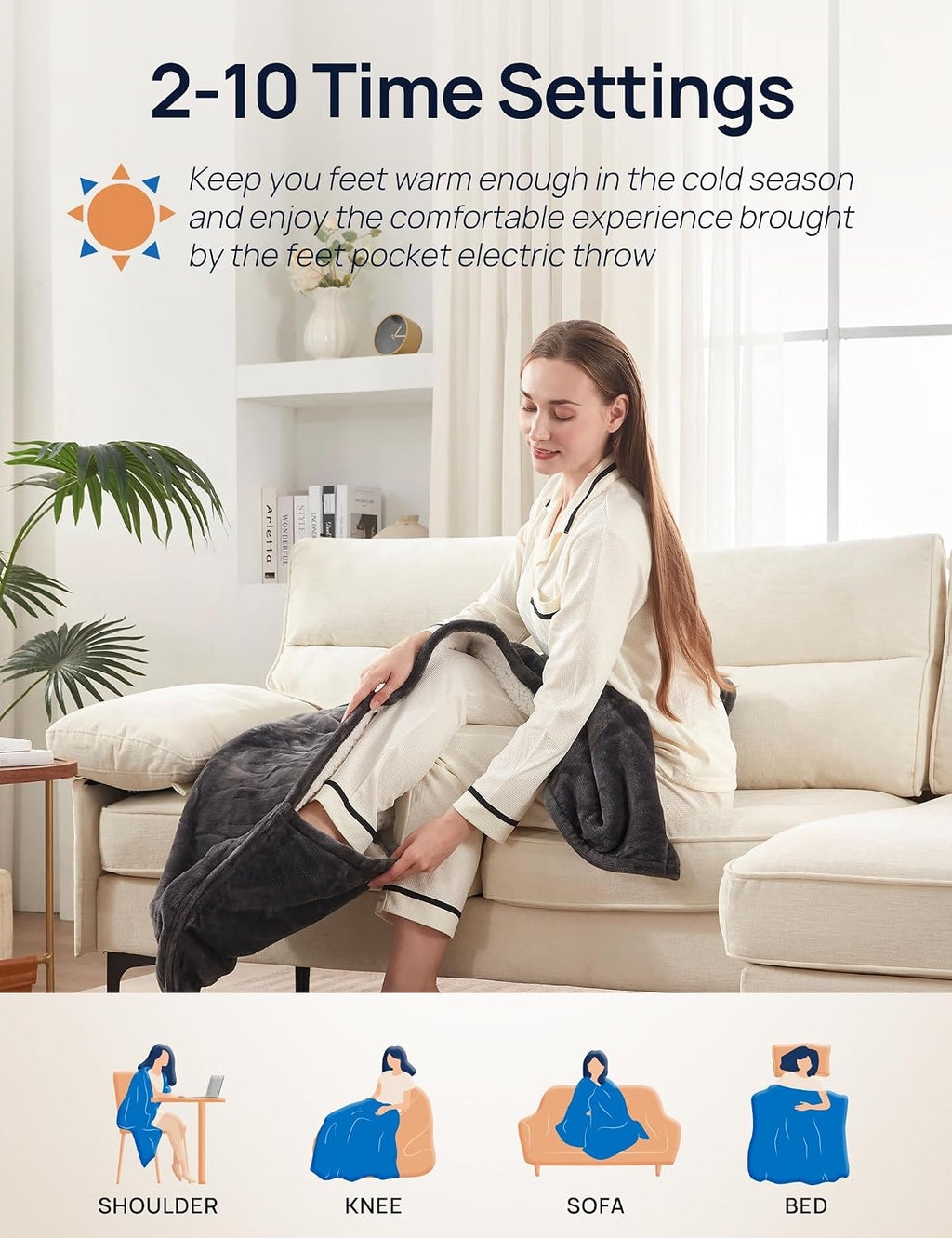 Electric Throw Blanket with Foot Pocket, 50x62 Charcoal | Soft Flannel to Sherpa Heated Throw with 6 Heating Levels &