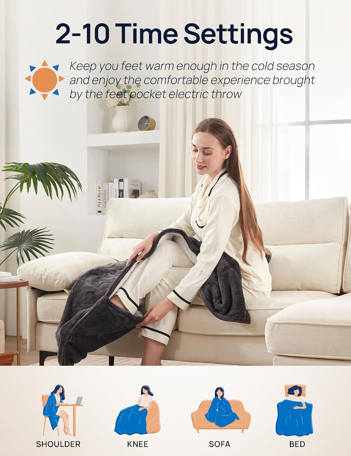 Electric Throw Blanket with Foot Pocket, 50x62 Charcoal | Soft Flannel to Sherpa Heated Throw with 6 Heating Levels &