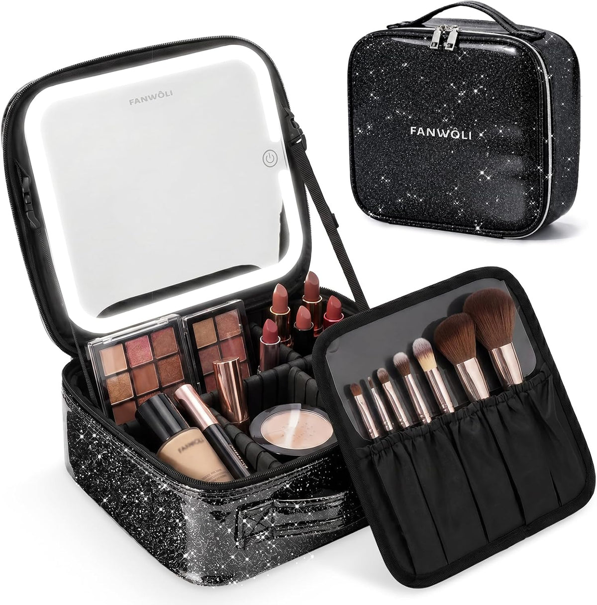 Makeup Bag with Detachable 4K LED Mirror, 3 Light Modes