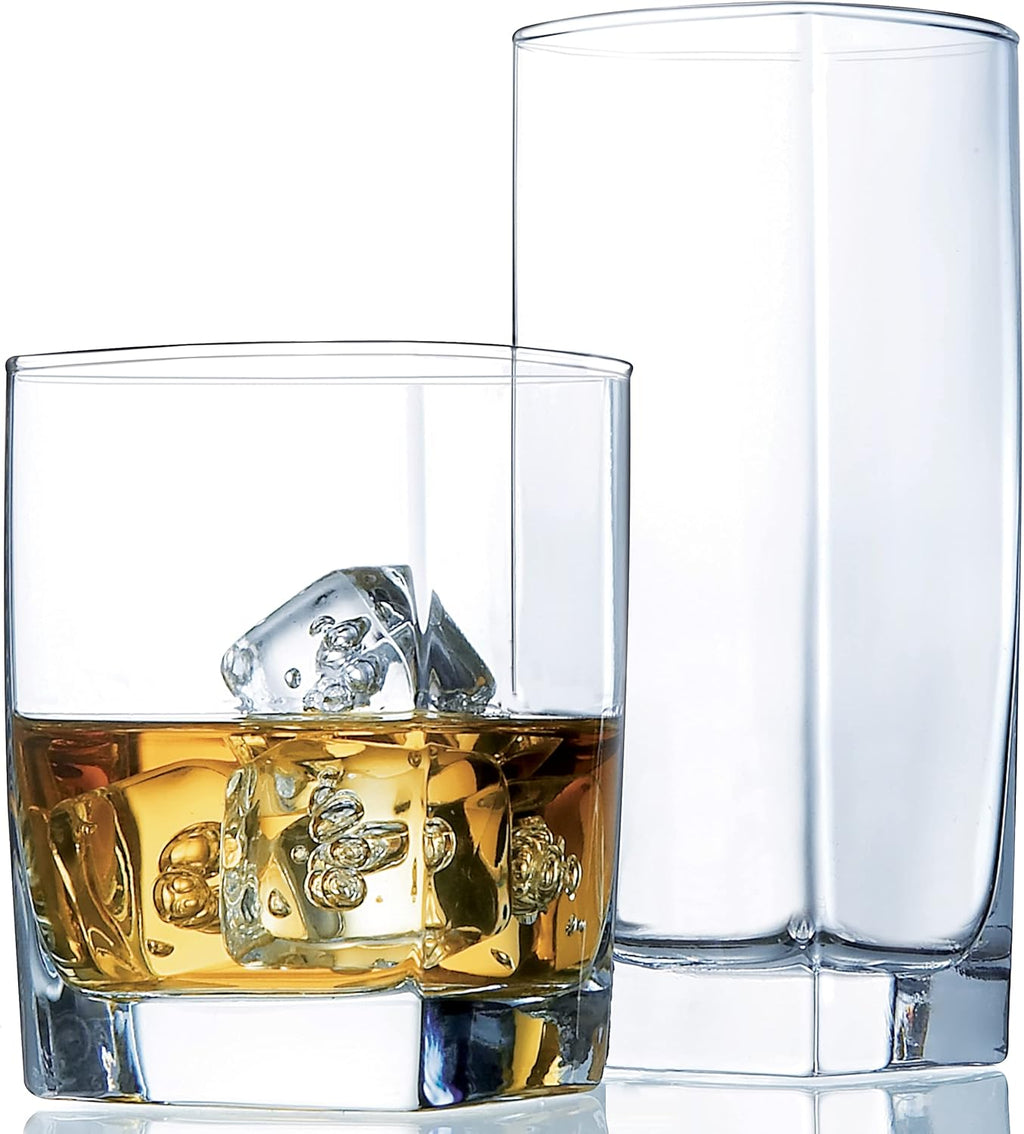 Square Everyday Drinking Glasses - Set of 16 Kitchen Drinkware Glass Cups.