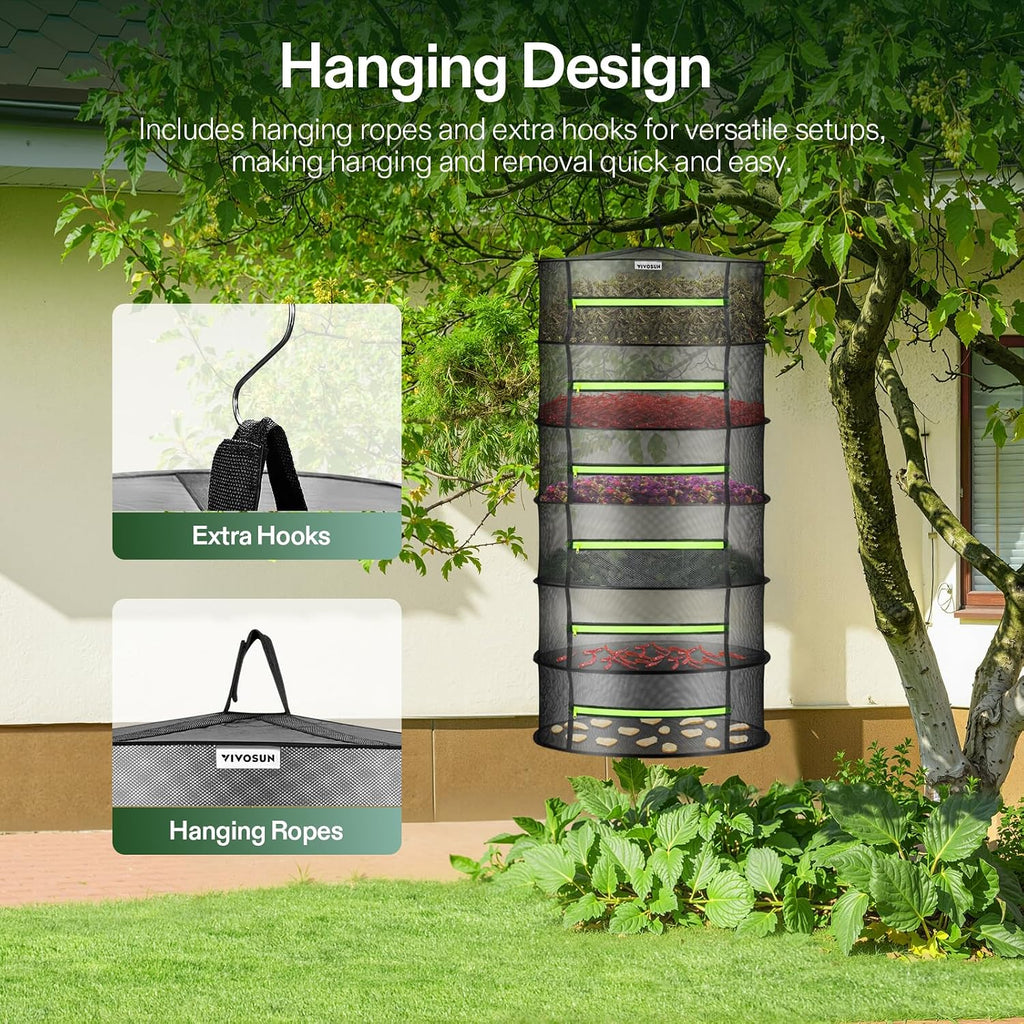 6-Layer Mesh Drying Rack Hanging Design with Green Zippers for Dehydrating, Indoor and Outdoor Pruning Shears Included