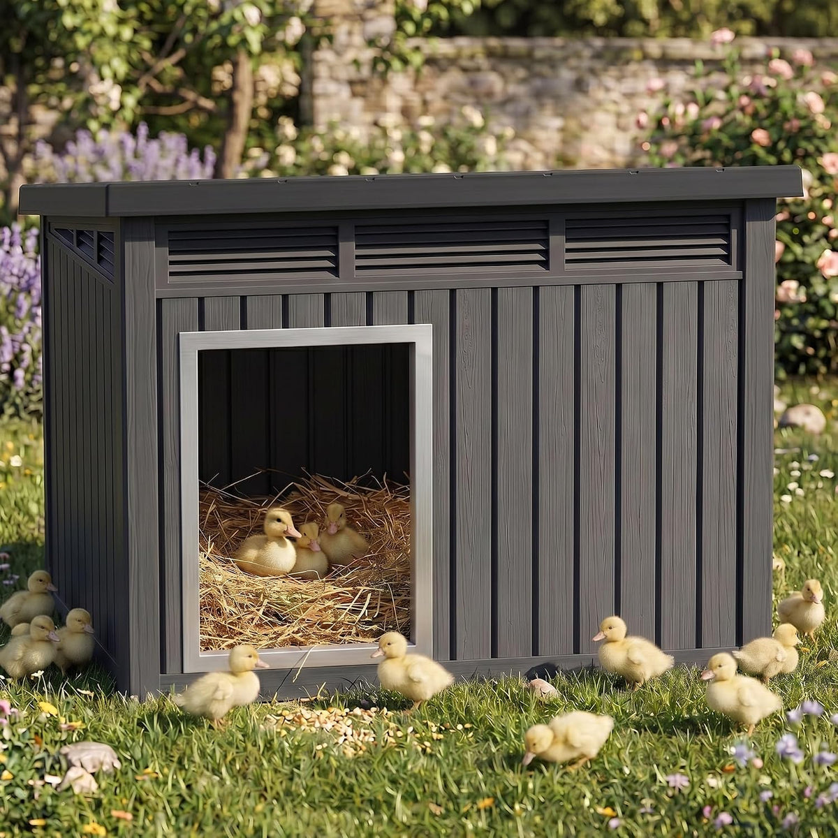 Chicken Coop with Hydraulic Air Rod, Resin Duck Coop with Elevated Floor and Air Vents, Duck House, Backyard Poultry